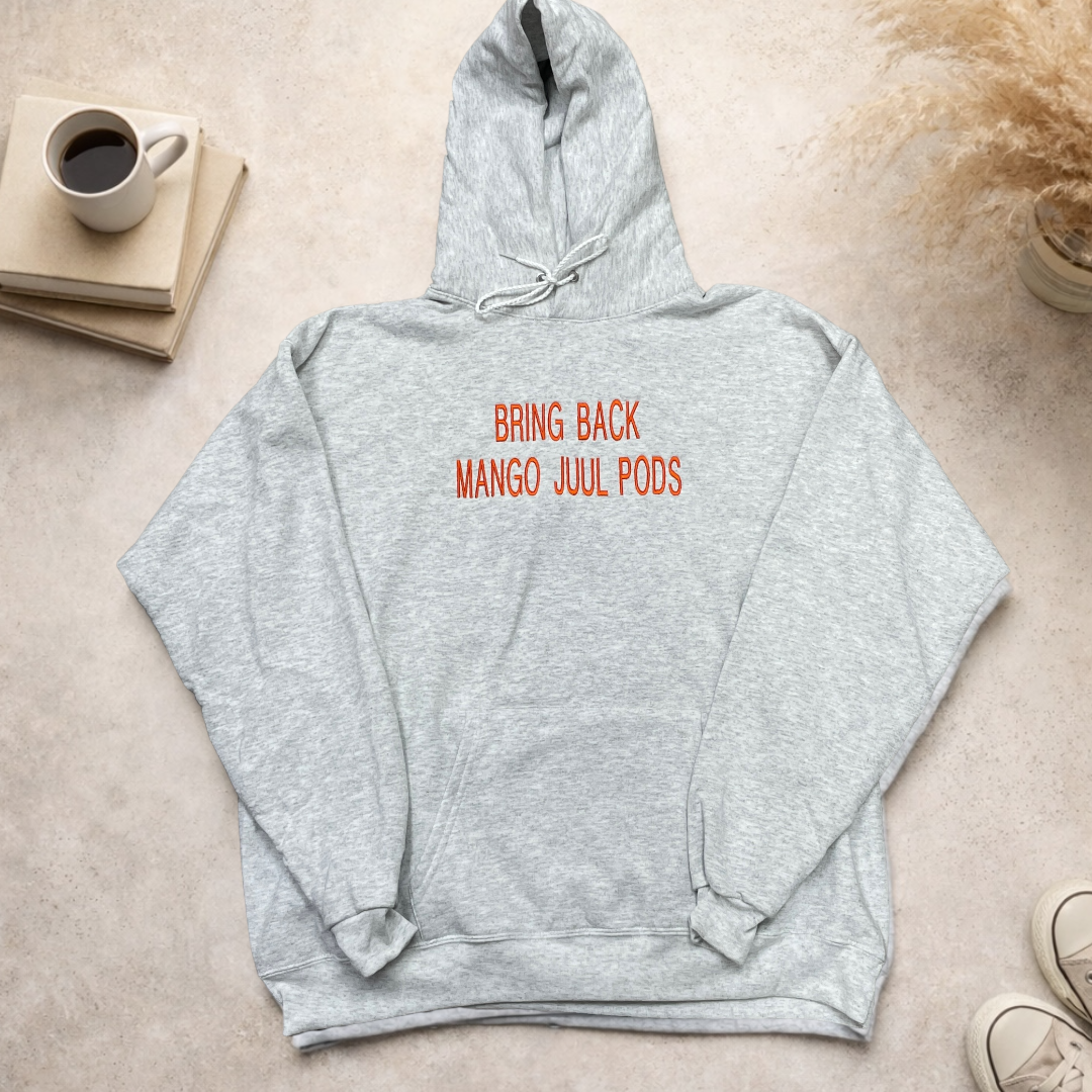 Mango Pods For Juul Bring Back Mango Juul Pods Custom Embroidered Ash Gray Hoodie with Ora Old School Hats Mango Pods For Juul Bring Back Mango Juul Pods Custom Embroidered Ash Gray Hoodie with Ora Old School Hats