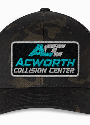 ACC Qty: 12 Custom Embroidered Yupoong 6606 – Black Camo – Teal & Silver production