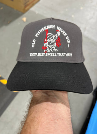 OLD FISHERMAN NEVER DIE HAT CUSTOM EMBROIDERY