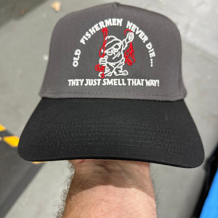 OLD FISHERMAN NEVER DIE HAT CUSTOM EMBROIDERY