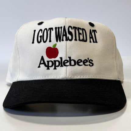 I GOT WASTED AT Applebees Vintage White Strapback Cap Hat Custom Embroidered
