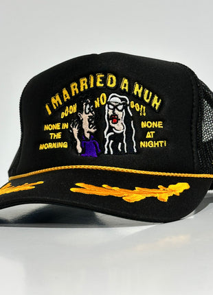I MARRIED A NUN Black Mesh Trucker SnapBack Cap Golf Leaf Funny Dad Hat Custom Embroidered