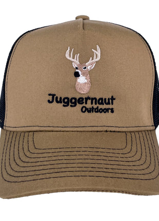 Juggernaut Outdoors Custom Embroidered tan and black mesh trucker SnapBack