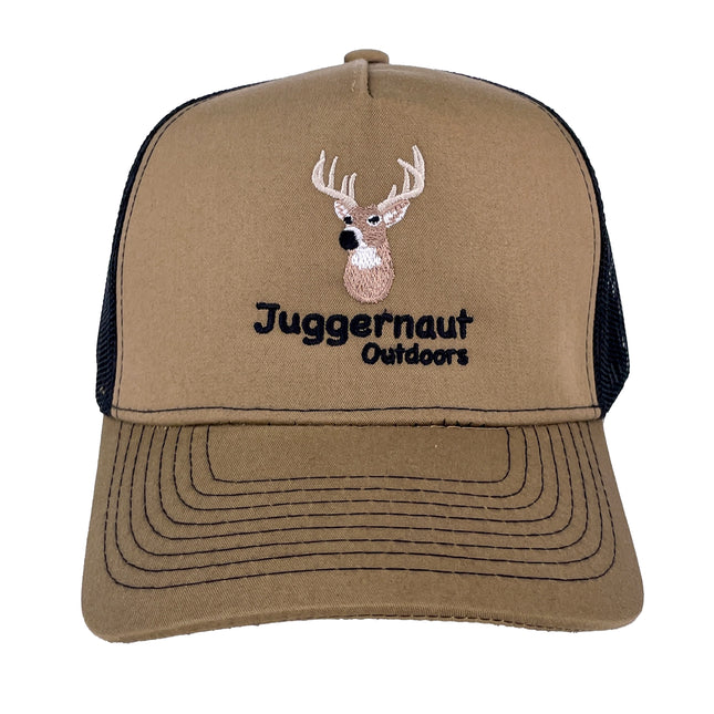 Juggernaut Outdoors Custom Embroidered tan and black mesh trucker SnapBack