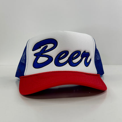 Beer on a red white blue mesh trucker SnapBack hat cap Collab rowdy Roger custom embroidery