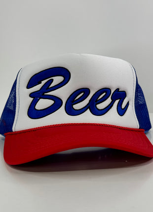 Beer on a red white blue mesh trucker SnapBack hat cap Collab rowdy Roger custom embroidery