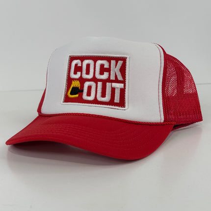 Cock Out Funny on a Red Mesh Trucker Mesh SnapBack Hat Cap Custom Embroidered