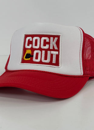 Cock Out Funny on a Red Mesh Trucker Mesh SnapBack Hat Cap Custom Embroidered