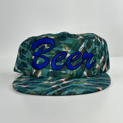 Beer on a 5 panel feathered SnapBack hat cap Collab Rowdy Roger Custom embroidery