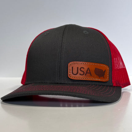USA Genuine Leather Patch Sewn on Patch SnapBack Hat Cap by The Leather Head Hat Co