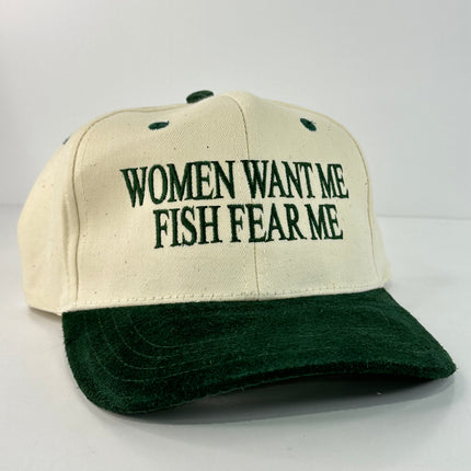 Women want me Fish fear me Green suede embroidered snapback hat