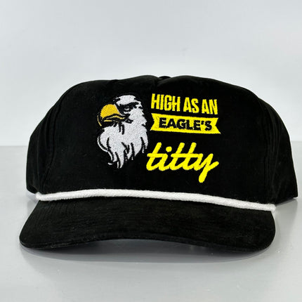 HIGH AS AN EAGLES TITTY ROPE GOLF BLACK SNAPBACK CAP FUNNY HAT CUSTOM EMBROIDERED COLLAB JUSTIN STAGNER