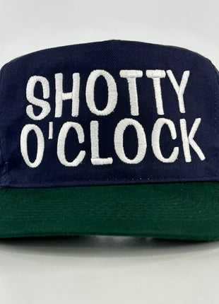 Shotty O’Clock on a blue brim green brim Strapback Hat Cap Collab The Izzy Drinks Custom Embroidery
