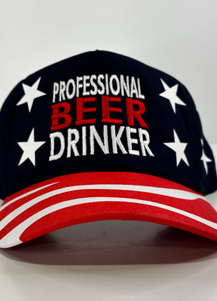 Professional Beer Drinker on an American flag print SnapBack hat cap Collab Cut the Activist Custom Embroidery