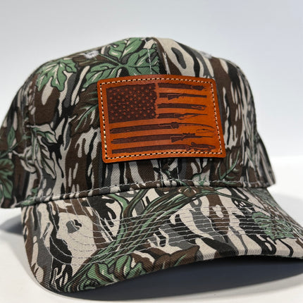 American Flag Fishing Genuine Leather patch sewn on a camouflage Snapback hat cap The Leather Head Hat Co