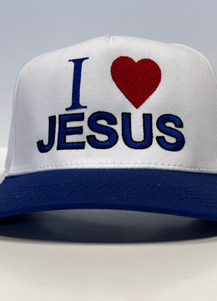 I LOVE JESUS Blue Brim SnapBack Baseball Cap Hat Custom Embroidered