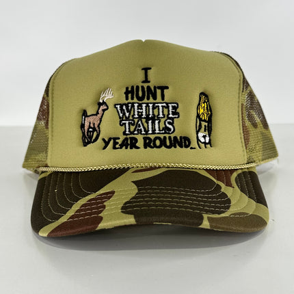 I hunt white tails year round on a Camo mesh SnapBack hat cap Collab Rowdy Roger Custom embroidery