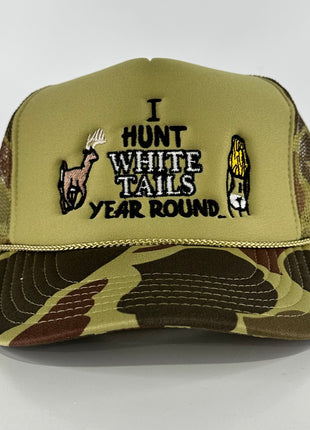 I hunt white tails year round on a Camo mesh SnapBack hat cap Collab Rowdy Roger Custom embroidery