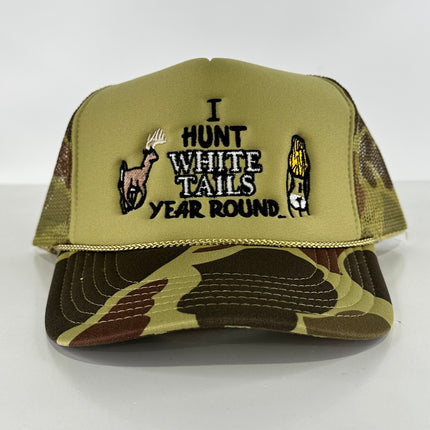 I hunt white tails year round on a Camo mesh SnapBack hat cap Collab Rowdy Roger Custom embroidery