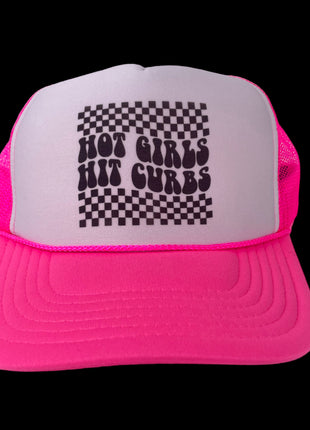 Hot girls hit curbs Mesh Trucker Neon Pink SnapBack Hat Cap Custom Print