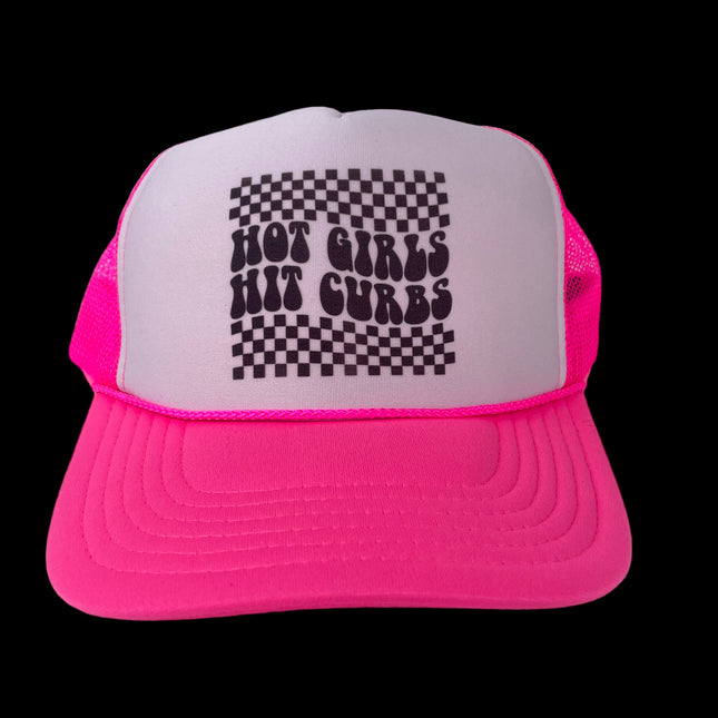 Hot girls hit curbs Mesh Trucker Neon Pink SnapBack Hat Cap Custom Print