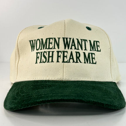 Women want me Fish fear me Green suede embroidered snapback hat