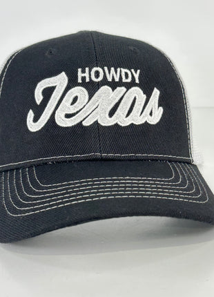 Howdy Texas on a Black White Mesh SnapBack Hat Cap Custom Embroidered