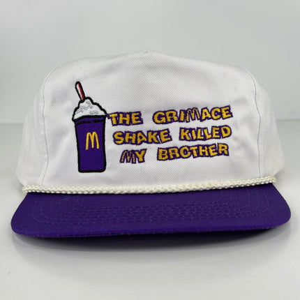 THE GRIMACE SHAKE KILLED MY BROTHER Purple White Mid Crown Rope SnapBack Cap Inappropriate Funny Hat Custom Embroidered Collab Potent Frog