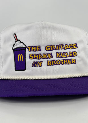 THE GRIMACE SHAKE KILLED MY BROTHER Purple White Mid Crown Rope SnapBack Cap Inappropriate Funny Hat Custom Embroidered Collab Potent Frog