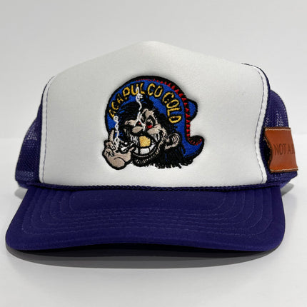 ACAPULCO GOLD With Sewed on Leather Pocket Purple Mesh Trucker SnapBack Cap Hat Custom Embroidered
