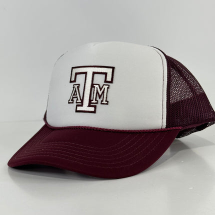 Custom Texas A&M Patch on a Maroon Mesh Trucker SnapBack Hat Cap