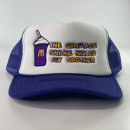 THE GRIMACE SHAKE KILLED MY BROTHER Purple Mesh Trucker SnapBack Cap Inappropriate Trucker Funny Hat Custom Embroidered Collab Potent Frog