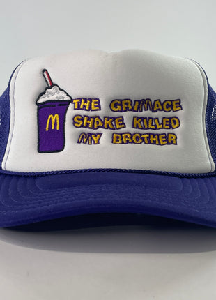 THE GRIMACE SHAKE KILLED MY BROTHER Purple Mesh Trucker SnapBack Cap Inappropriate Trucker Funny Hat Custom Embroidered Collab Potent Frog
