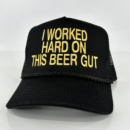 I worked hard on this beer gut on a black SnapBack hat cap Collab Cut the Activist Custom embroidery