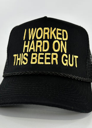 I worked hard on this beer gut on a black SnapBack hat cap Collab Cut the Activist Custom embroidery