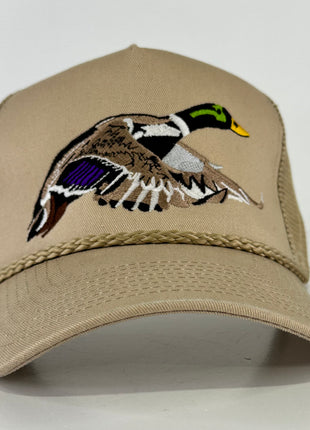 Mallard embroidered on a tan mesh trucker SnapBack hat cap custom embroidery