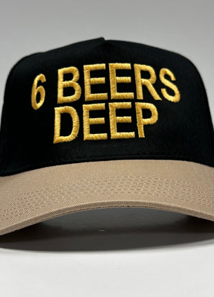 6 BEERS DEEP Black Crown Tan Brim Snapback Hat Cap Custom Embroidery