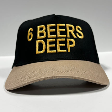 6 BEERS DEEP Black Crown Tan Brim Snapback Hat Cap Custom Embroidery