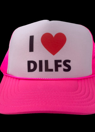 I love DILFS print on a neon pink Mesh Trucker SnapBack Hat Cap Custom Print