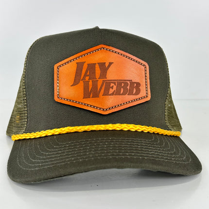 JAY WEBB LEATHER PATCH ROPE ARMY GREEN TALL CROWN MESH TRUCKER SNAPBAC –  Old School Hats