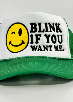 Blink if you want me on a green mesh trucker SnapBack Hat Cap Collab Rowdy Roger Custom Embroidered