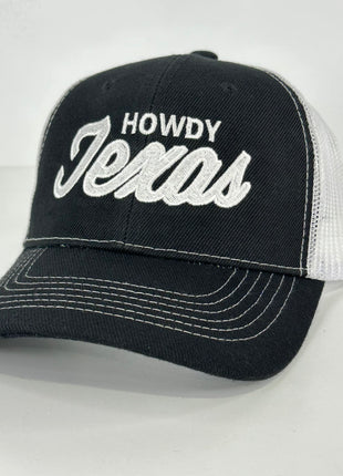 Howdy Texas on a Black White Mesh SnapBack Hat Cap Custom Embroidered