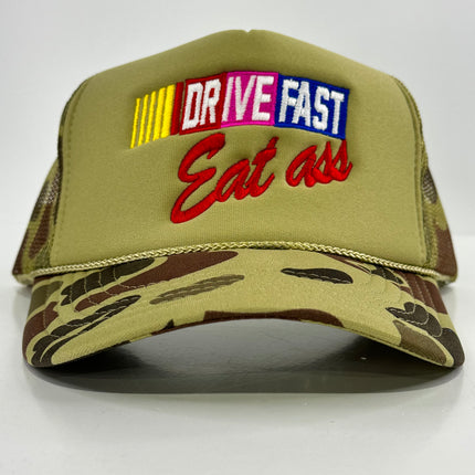 DRIVE FAST Funny CAMO Mesh Trucker SnapBack Cap Hat Custom Embroidered Collab Rowdy Roger