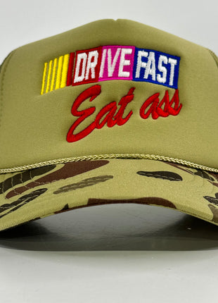 DRIVE FAST Funny CAMO Mesh Trucker SnapBack Cap Hat Custom Embroidered Collab Rowdy Roger