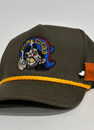 ACAPULCO GOLD With Sewed on Side Leather Pocket Army Green Rope Tall Crown Mesh Back Trucker SnapBack Cap Hat Custom Embroidered