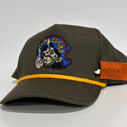 ACAPULCO GOLD With Sewed on Side Leather Pocket Army Green Rope Tall Crown Mesh Back Trucker SnapBack Cap Hat Custom Embroidered