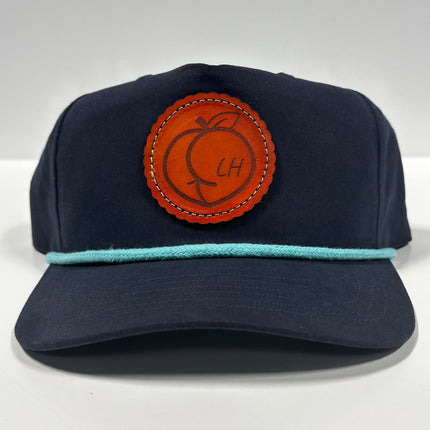 Peach Ass Leather Patch Sewn on Golf Navy Crown Hat Cap with teal rope