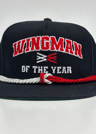 Wingman of the year on a black SnapBack Hat Cap with double rope Official Collab Wingman of the year Wotyofficial Custom Embroidery