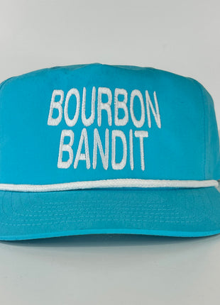 Bourbon Bandit on a turquoise SnapBack Hat Cap with rope custom embroidery