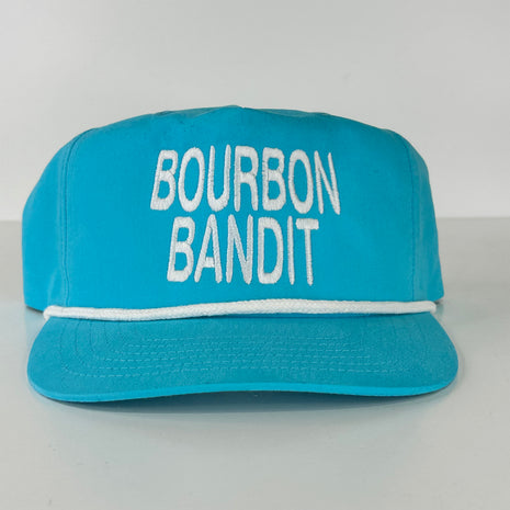 Bourbon Bandit on a turquoise SnapBack Hat Cap with rope custom embroidery